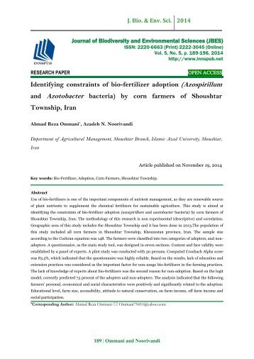 Identifying constraints of bio-fertilizer adoption (Azospirillum and Azotobacter bacteria) by corn farmers of Shoushtar Township, Iran