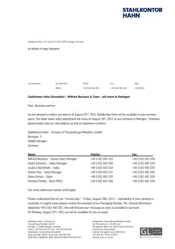 Move of Boiler Tubes Dept. - Stahlkontor Hahn