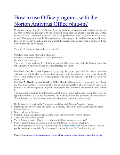 How to use Office programs with the Norton Antivirus Office plug in