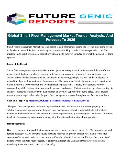 Global Smart Fleet Management Market 2018 by Latest Innovations, Drivers, Dynamics And Strategic Analysis, Challenges to 2022