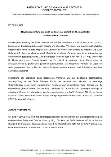 Hauptversammlung der EASY Software AG bestellt Dr. Thomas