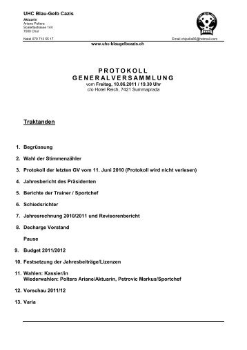 PROTOKOLL GENERALVERSAMMLUNG - UHC Blau Gelb Cazis