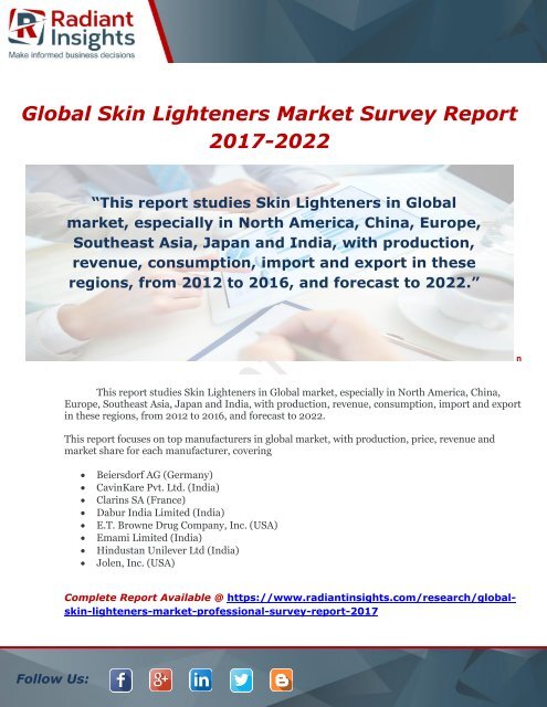 Global Skin Lighteners Market Survey Report 2017-2022