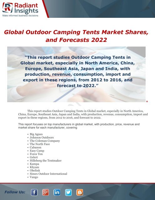 Global Outdoor Camping Tents Market Shares,and Forecasts 2022