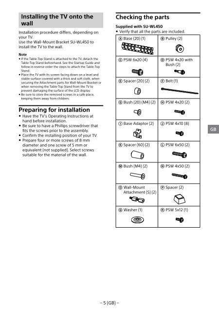 Sony KDL-43WD750 - KDL-43WD750 Informations d'installation du support de fixation murale Kazakh