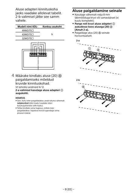 Sony KDL-43WD750 - KDL-43WD750 Informations d'installation du support de fixation murale Estonien
