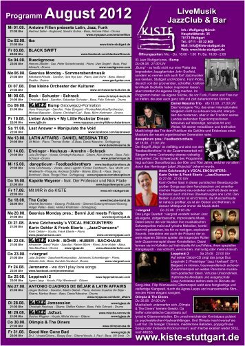 Programm August 2012 LiveMusik JazzClub & Bar - Kiste