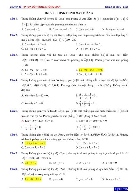 OXYZ - 168 BÀI TẬP PHƯƠNG TRÌNH MẶT PHẲNG - CÓ HƯỚNG DẪN GIẢI - THBTN - NH 2016 - 2017