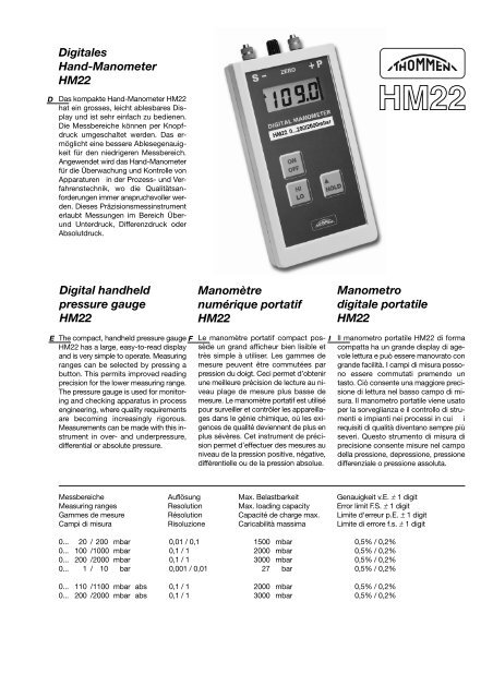 Digitales Hand-Manometer HM22 Manometro digitale portatile ...