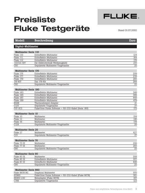 Preisliste Fluke Testgeräte - CalPlus GmbH