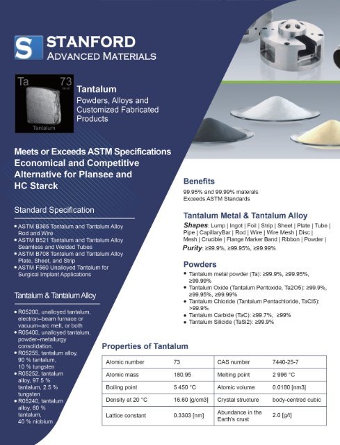 STANFORD ADVANCED MATERIALS TANTALUM