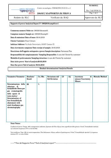 Certificazione Antiformaldeide Farmasan plus