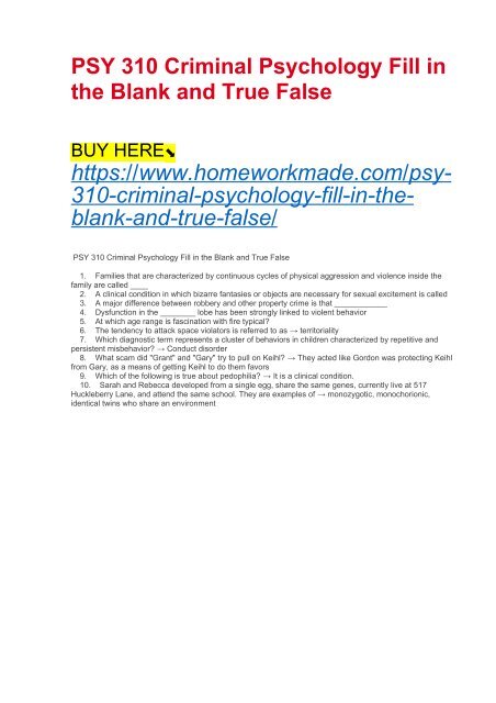 PSY 310 Criminal Psychology Fill in the Blank and True False