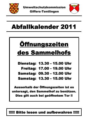 Öffnungszeiten des Sammelhofs - Gemeinde Tentlingen