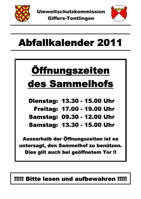 Öffnungszeiten des Sammelhofs - Gemeinde Tentlingen