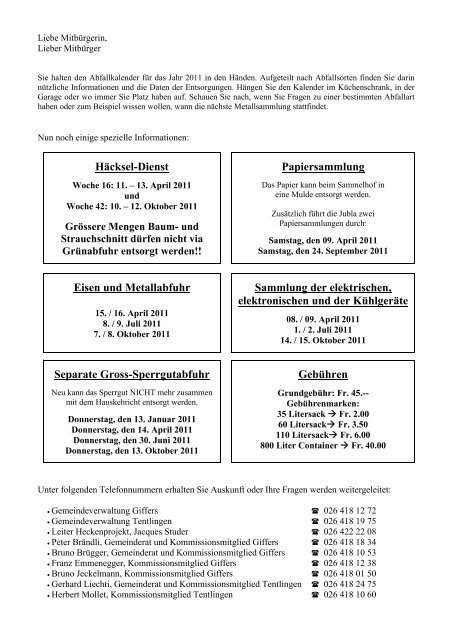 Öffnungszeiten des Sammelhofs - Gemeinde Tentlingen