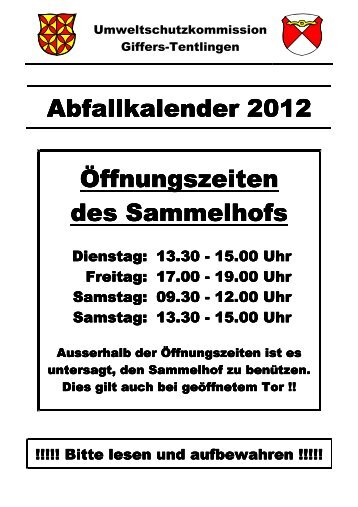 Abfallkalender 2012 Front 1 - Gemeinde Tentlingen
