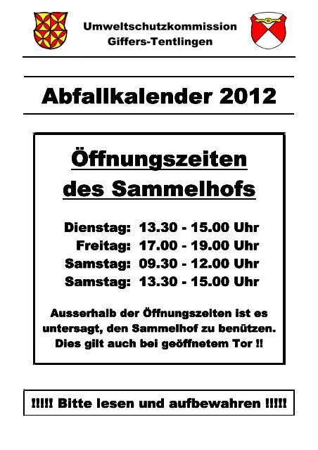 Abfallkalender 2012 Front 1 - Gemeinde Tentlingen