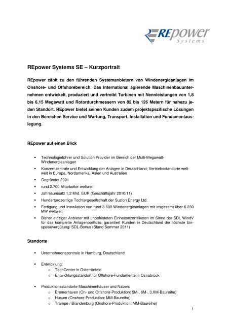 REpower Systems SE – Kurzportrait - REpower Systems AG