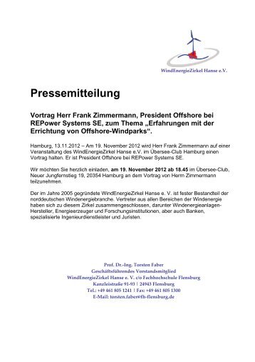 Pressemitteilung: Vortrag Herr Frank Zimmermann, President Offshore