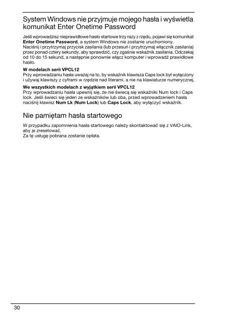 Sony VPCEC1A4E - VPCEC1A4E Guide de d&eacute;pannage Polonais