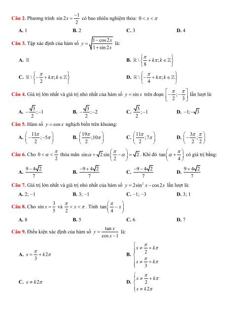 247 bài tập chương LƯỢNG GIÁC có lời giải chi tiết - Thầy Hùng (74 trang)