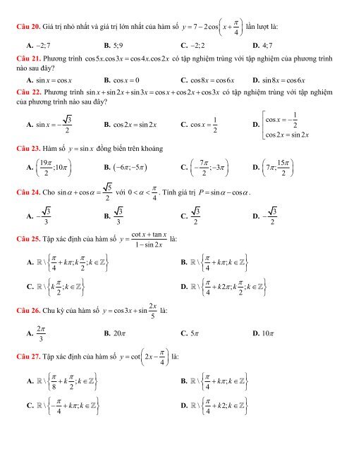 247 bài tập chương LƯỢNG GIÁC có lời giải chi tiết - Thầy Hùng (74 trang)