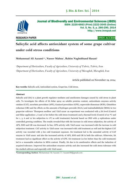 Salicylic acid affects antioxidant system of some grape cultivar under cold stress conditions