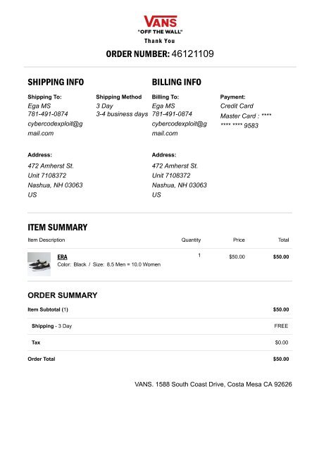 Order Confirmation _ Vans