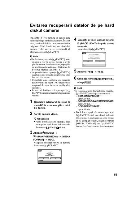 Sony DCR-SR55E - DCR-SR55E Mode d'emploi Roumain