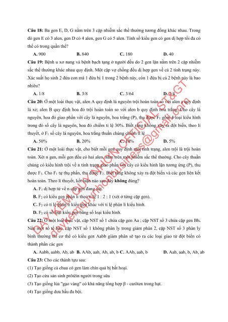 Bộ đề thi thử THPTQG Năm 2018 - Môn Sinh Học - 12 ĐỀ + ĐÁP ÁN - GV Nguyễn Thị Việt Nga - Tuyensinh247 (Without explanation)