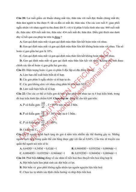 Bộ đề thi thử THPTQG Năm 2018 - Môn Sinh Học - 12 ĐỀ + ĐÁP ÁN - GV Nguyễn Thị Việt Nga - Tuyensinh247 (Without explanation)