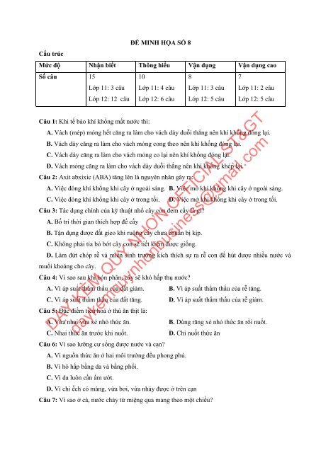 Bộ đề thi thử THPTQG Năm 2018 - Môn Sinh Học - 12 ĐỀ + ĐÁP ÁN - GV Nguyễn Thị Việt Nga - Tuyensinh247 (Without explanation)