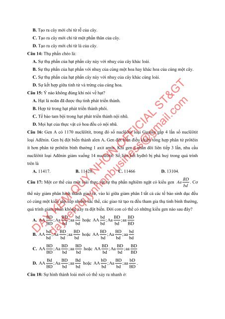 Bộ đề thi thử THPTQG Năm 2018 - Môn Sinh Học - 12 ĐỀ + ĐÁP ÁN - GV Nguyễn Thị Việt Nga - Tuyensinh247 (Without explanation)