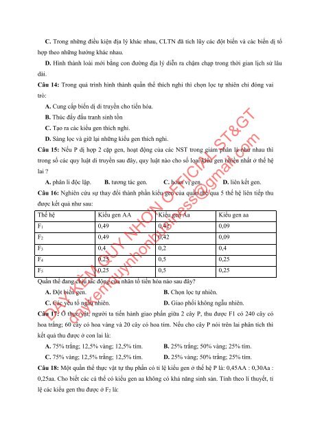 Bộ đề thi thử THPTQG Năm 2018 - Môn Sinh Học - 12 ĐỀ + ĐÁP ÁN - GV Nguyễn Thị Việt Nga - Tuyensinh247 (Without explanation)