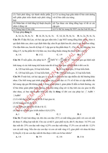 Bộ đề thi thử THPTQG Năm 2018 - Môn Sinh Học - 15 ĐỀ + ĐÁP ÁN - Chinh phục điểm 9-10 - Tuyensinh247 (Without explanation)