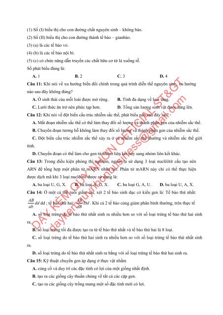 Bộ đề thi thử THPTQG Năm 2018 - Môn Sinh Học - 15 ĐỀ + ĐÁP ÁN - Chinh phục điểm 9-10 - Tuyensinh247 (Without explanation)