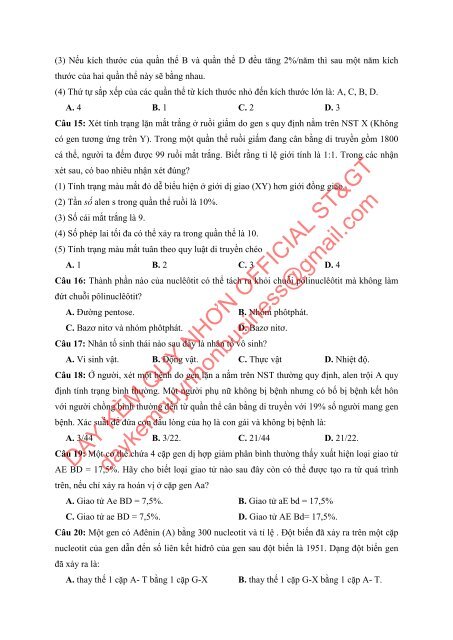 Bộ đề thi thử THPTQG Năm 2018 - Môn Sinh Học - 15 ĐỀ + ĐÁP ÁN - Chinh phục điểm 9-10 - Tuyensinh247 (Without explanation)