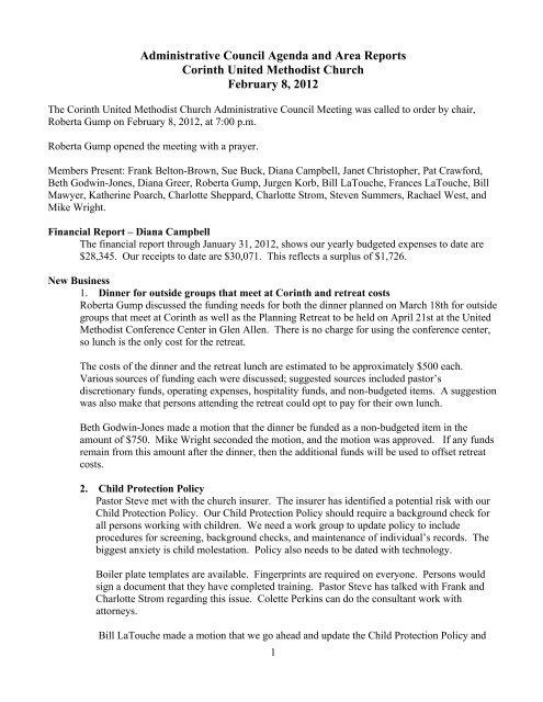 Area Reports Corinth United Methodist Church