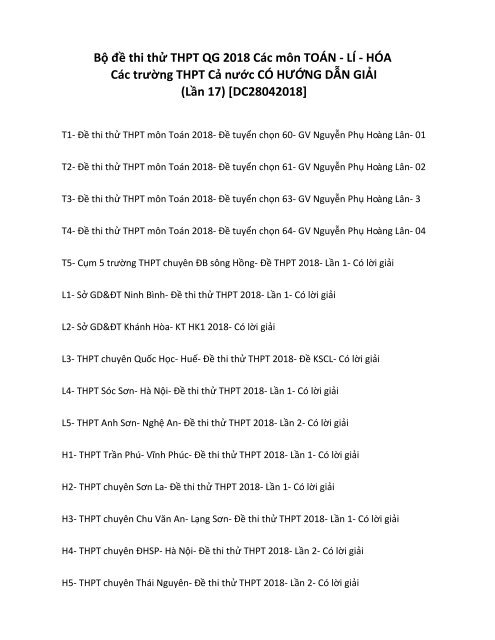 Bộ đề thi thử THPT QG 2018 Các môn TOÁN - LÍ - HÓA Các trường THPT Cả nước CÓ HƯỚNG DẪN GIẢI (Lần 17) [DC28042018]