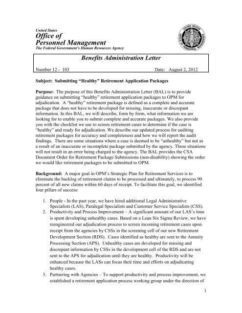 Benefits Administration Letter - Office of Personnel Management