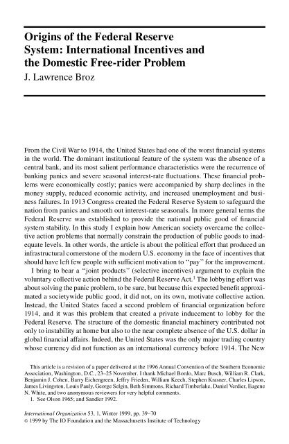 Origins of the Federal Reserve System - Division of Social Sciences