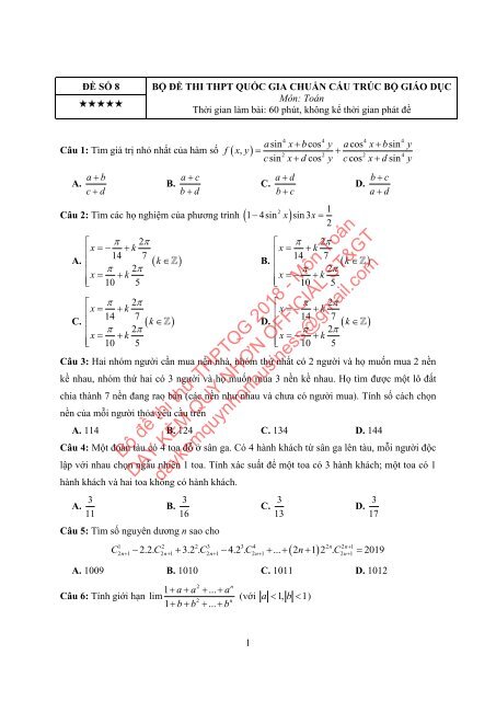 Bộ đề thi thử THPTQG Năm 2018 - Môn Toán - Bộ đề TN Toán - 12 ĐỀ + ĐÁP ÁN