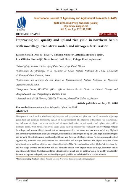 Improving soil quality and upland rice yield in northern Benin with no-tillage, rice straw mulch and nitrogen fertilization