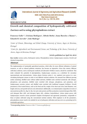 Growth and chemical composition of hydroponically cultivated Lactuca sativa using phytoplankton extract