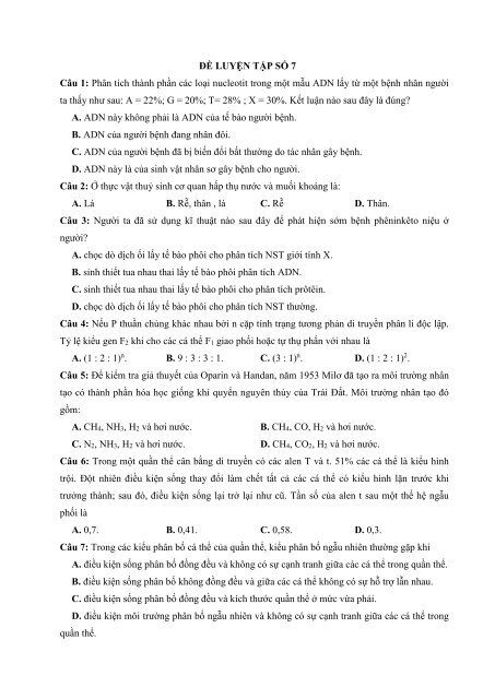 Bộ đề thi thử THPTQG Năm 2018 - Môn Sinh Học - 30 ĐỀ + ĐÁP ÁN - Thầy Thịnh Nam (Bộ đề số 1)