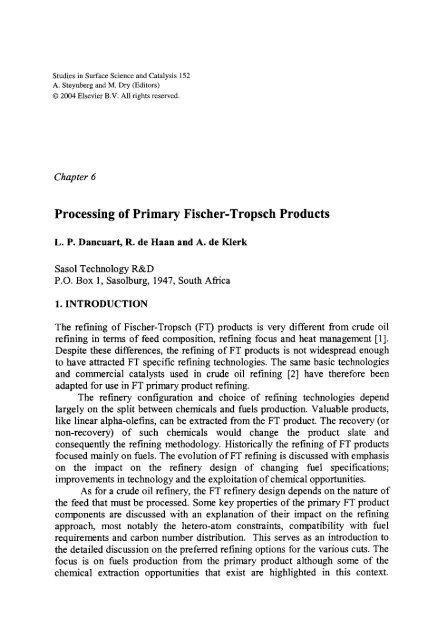 Processing of Primary Fischer-Tropsch Products - University of Alberta