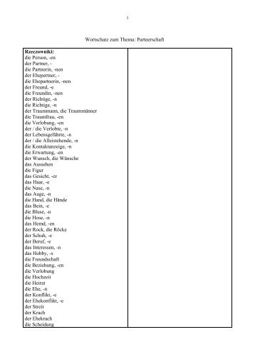 Wortschatz zum Thema: Partnerschaft Rzeczowniki: die Person, -en ...