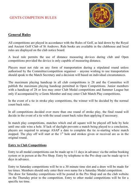 General Rules King James Vi Golf Club