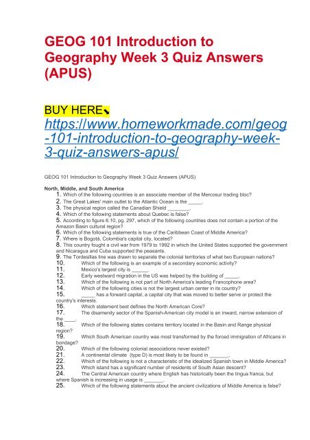 GEOG 101 Introduction To Geography Week 3 Quiz Answers (APUS)